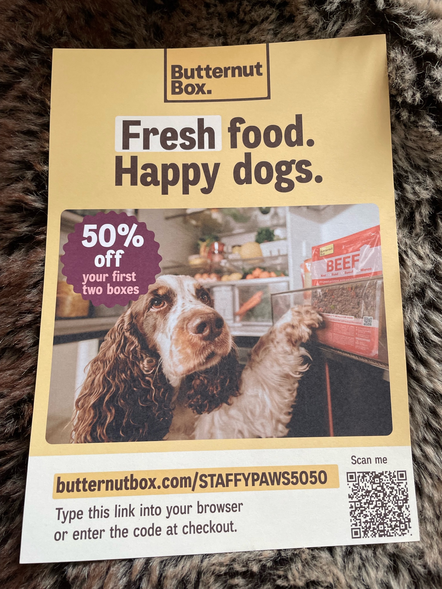 Butternut Box yellow welcome flyer reading 'Fresh food. Happy dogs.' with a 50% off badge.