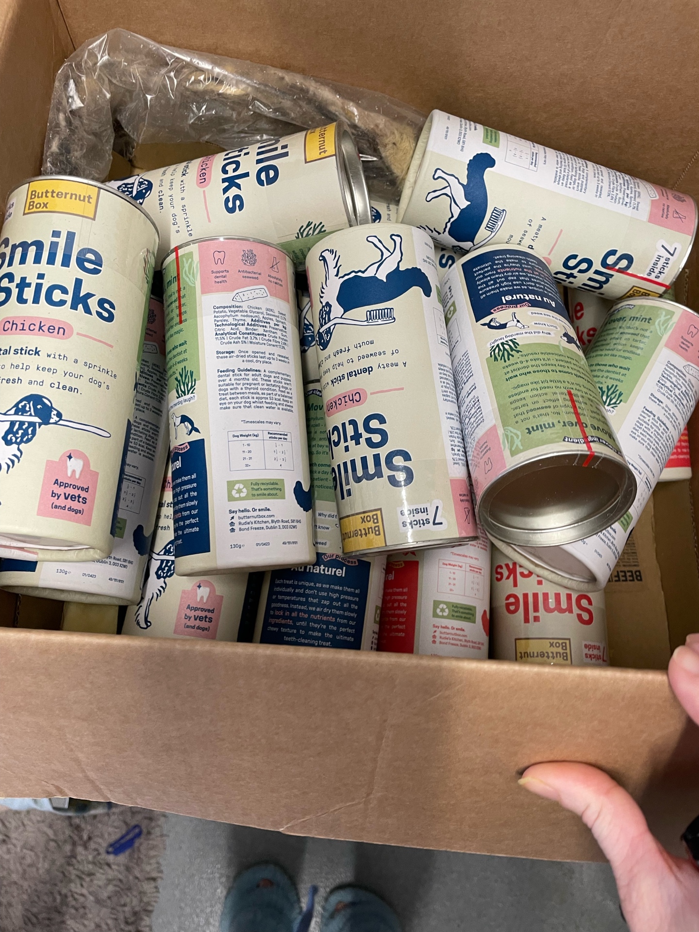 A box of Butternut Box Smile Sticks dental chicken treats.